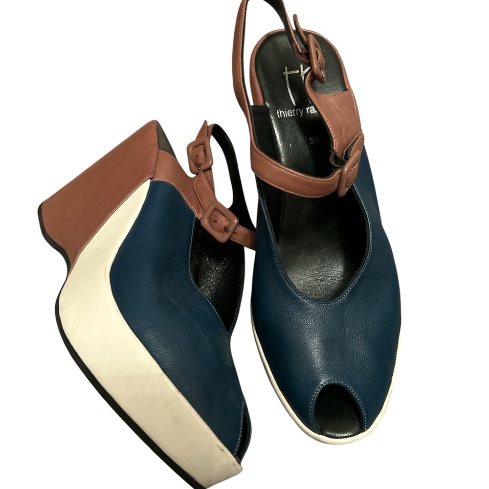 Thierry Rabotin Teal blue and Tan Wedge Shoes